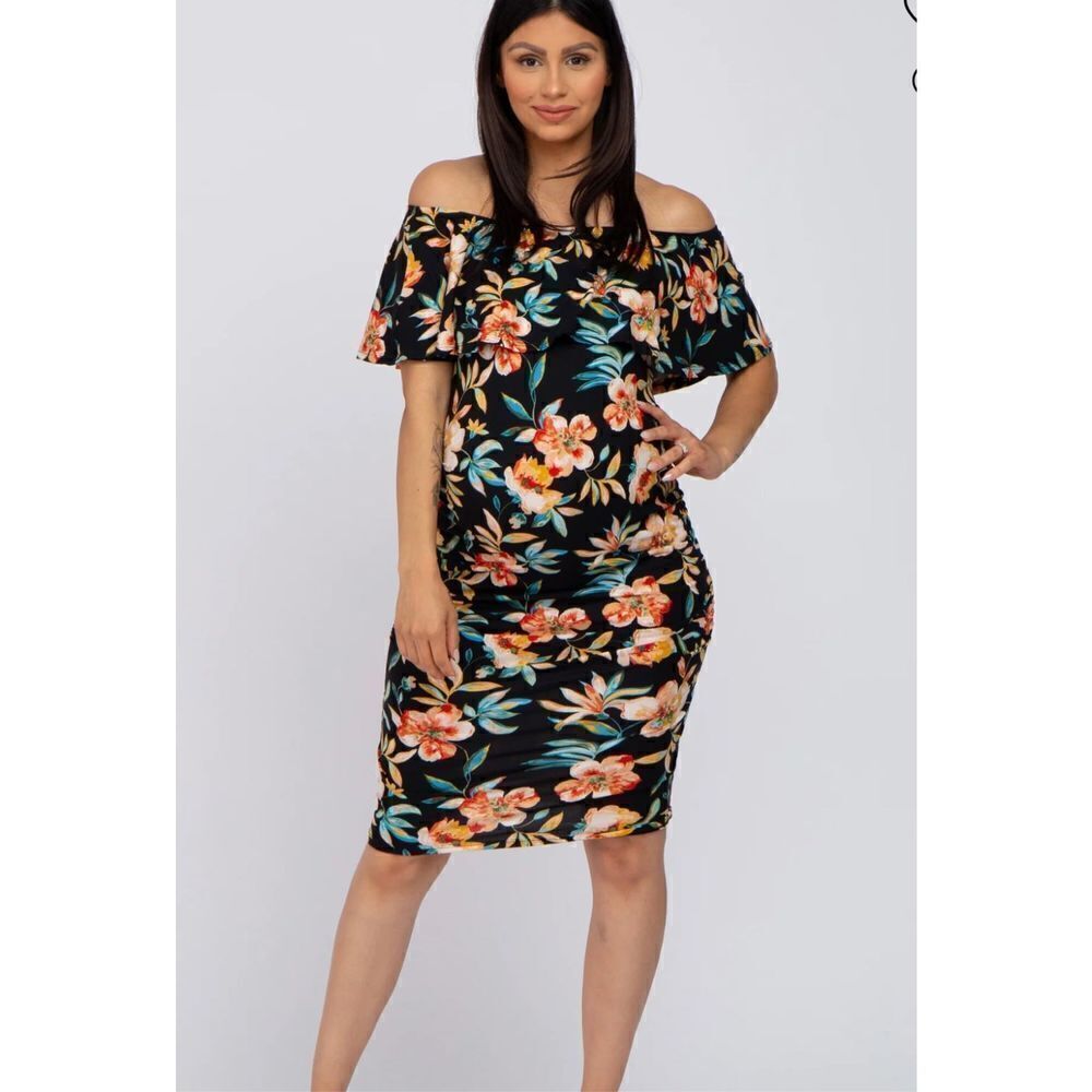 Hello Miz Black Floral Fitted Maternity Off Shoulder Dress Size Large NWT